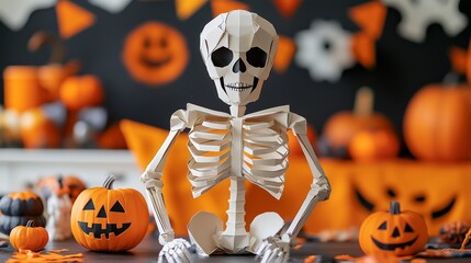 A handmade skeleton is sitting on the floor surrounded by Halloween decorations. The skeleton is made of paper.