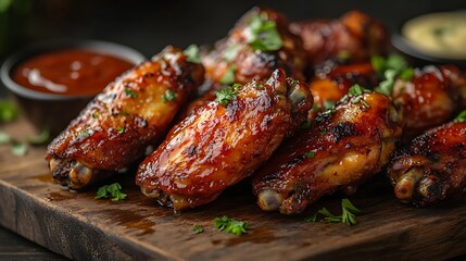 A close-up shot of a platter with a variety of chicken wings including spicy buffalo, BBQ, and honey mustard, served on a wooden table with dipping sauces and garnishes,