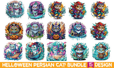 Fototapeta premium Halloween Persian Cat Design for T-Shirts, Hand-Drawn Lettering, Isolated on White Background, Calligraphy Typography, Handwritten Vector Sign, Graphic Design for Spooky Apparel.