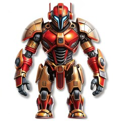 Red and Gold Armored Mech Warrior, Digital Illustration, Front View, Standing Pose, Robot, Sci-fi, Fantasy