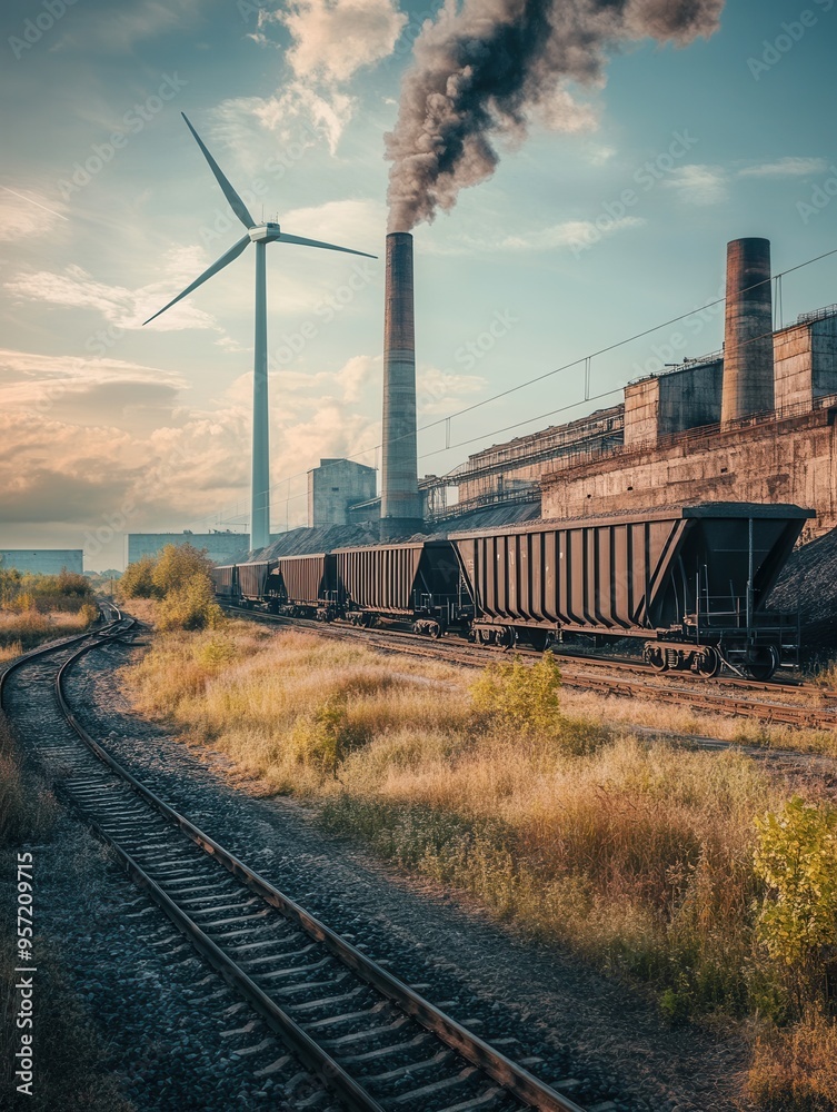 Aufkleber Wind turbines stand alongside abandoned coal mines and factories, highlighting the shift towards renewable energy sources. Generative AI