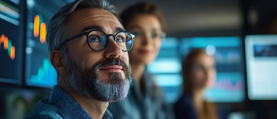 Financial Analysts Strategizing Sustainable Investments Amid ESG Fund Performance Charts in Modern Office Setting