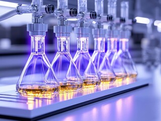 Row of glass laboratory flasks with colored liquid in a scientific lab, showcasing advanced technology and research.