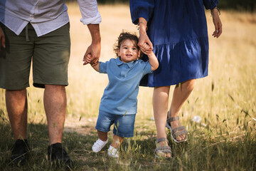  A one-year-old boy walking on the grass, holding his parents' hands, wearing a blue shirt and blue...