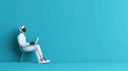 Futuristic figure in a sleek suit using a laptop while seated against a bright turquoise background, embracing technology and innovation.