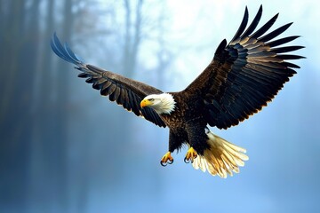 Obraz premium Bald Eagle in Flight with Blurred Forest Background