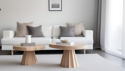 rustic wood stamp coffee tables near white sofa gray beige pillows white curtain scandinavian home interior design modern living room