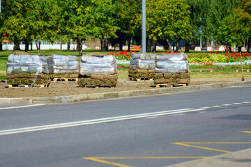 Lush rolls of sod, neatly packaged in pallets and wrapped in protective plastic, await installation. These thriving green carpets promise to transform barren landscapes into verdant oases