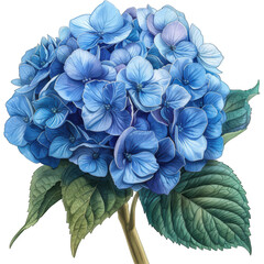 A close-up illustration of a vibrant blue hydrangea flower with green leaves, rendered in the style of a childrens book