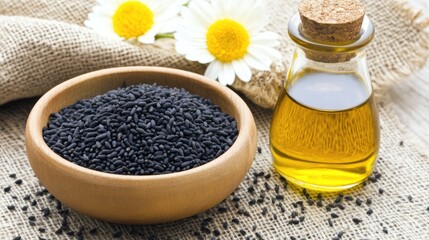 A wooden bowl of black cumin seeds stands beside glass bottles of black cumin oil on a rustic table, bathed in natural light for a serene health atmosphere