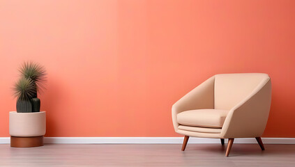 coral barrel chair near beige sofa pouf coral wall copy space home interior design modern living room