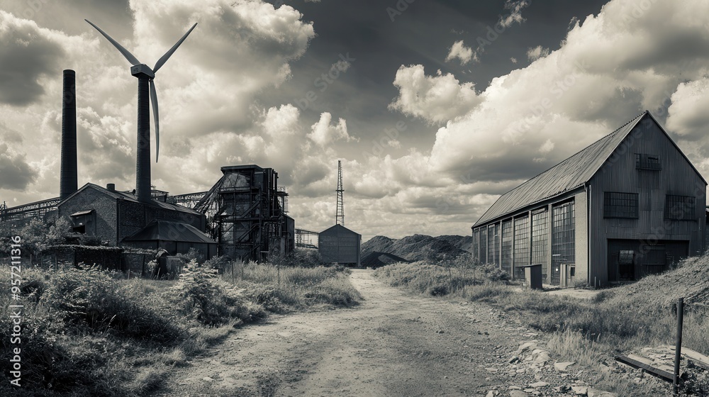 Leinwandbilder old factories stand next to wind turbines in a landscape reflecting the shift from coal energy to su