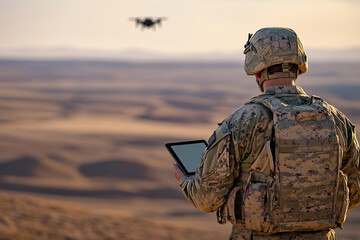 Army soldier using drone and digital controller in dessert during war