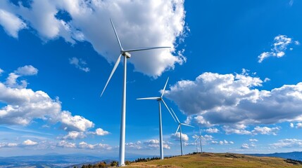A stunning view of wind turbines against a blue sky with fluffy clouds, symbolizing clean energy and sustainable technology.