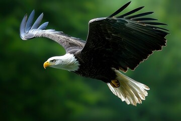 Obraz premium A Bald Eagle in Flight, Wings Spread Wide Against a Green Background