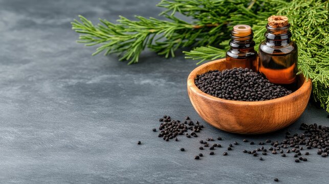 A wooden bowl of black cumin seeds stands beside glass bottles of black cumin oil on a rustic table, bathed in natural light for a serene health atmosphere