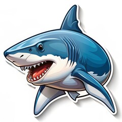 Fototapeta premium Sticker of a Blue Great White Shark with a Ferocious Expression, Cartoon Illustration, Illustration, Ocean Creature, Great White Shark