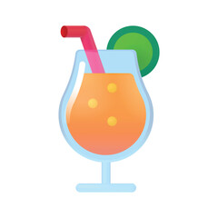 Tropical Drink vector icon. Isolated sunset-orange-colored tropical beverage in a stemmed glass served with a straw and fruit garnish.