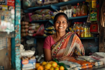 Happy Indian woman at her small kirana shop seated at the cash counter
