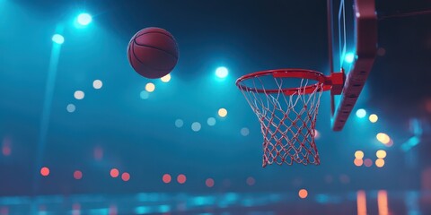 Dramatic Nighttime Basketball Shot Approaching the Hoop