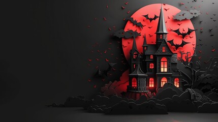 The image depicts a Halloween theme with a haunted house silhouette set against a full moon and bats.