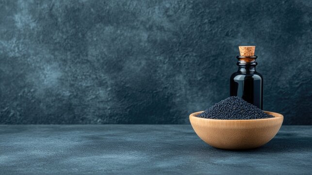 A wooden bowl of black cumin seeds stands beside glass bottles of black cumin oil on a rustic table, bathed in natural light for a serene health atmosphere