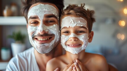 Fototapeta premium Self-care day at home with a father and son, using face masks and bonding over skincare