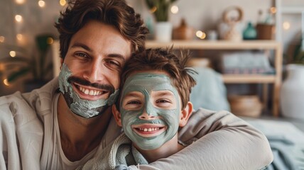 Obraz premium Self-care day at home with a father and son, using face masks and bonding over skincare