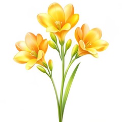 Naklejka premium Vibrant Yellow Freesia Bouquet - Digital Painting, 3 Flowers, White Background, Spring Floral, freesia, flower, bouquet