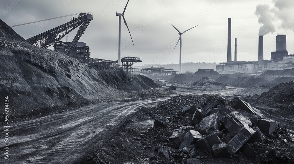 Poster the remnants of coal mining coexist with wind turbines, showcasing the shift towards renewable energ