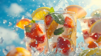 Summertime drinks on a bright day with tropical fruits splattering over the water surface