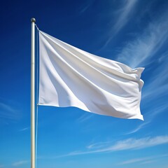 White Flag Waving in the Wind, Digital Illustration, Blank Canvas, Blue Sky, Clouds, Flagpole, Flag