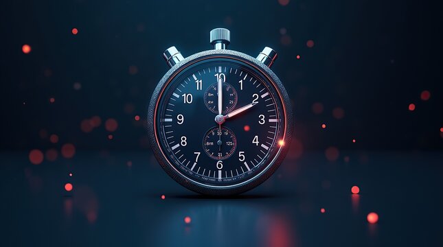 Digital stopwatch with glowing lights on dark background