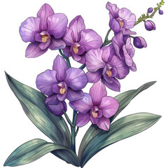 A digital illustration of a cluster of purple orchids, drawn in a simple, whimsical style reminiscent of a childrens book