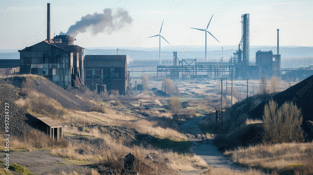 Poster Closed coal mines and towering wind turbines illustrate the transition from fossil fuels to sustainable energy in an industrial landscape. Generative AI