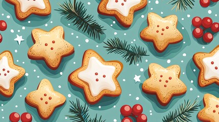A cheerful illustration of star-shaped cookies alongside pine branches and red berries, creating a festive and whimsical holiday scene filled with joy and warmth.