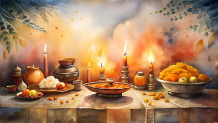 Fototapeta premium Watercolor Offering Background, Traditional Offerings of Food Drinks and Candles on Softly Lit Altar with Swirling Marigolds and Incense in Warm Glowing Tones, Sacred and Inviting with Copy Space