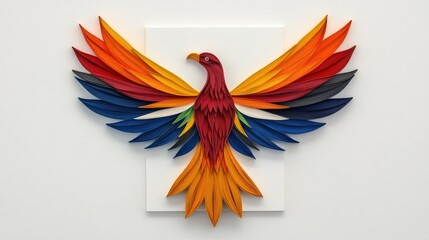 Fototapeta premium The artwork showcases a stunning phoenix adorned with colorful feathers and stars, crafted in a stained glass style against a white background, enhanced by 3D paper quilling
