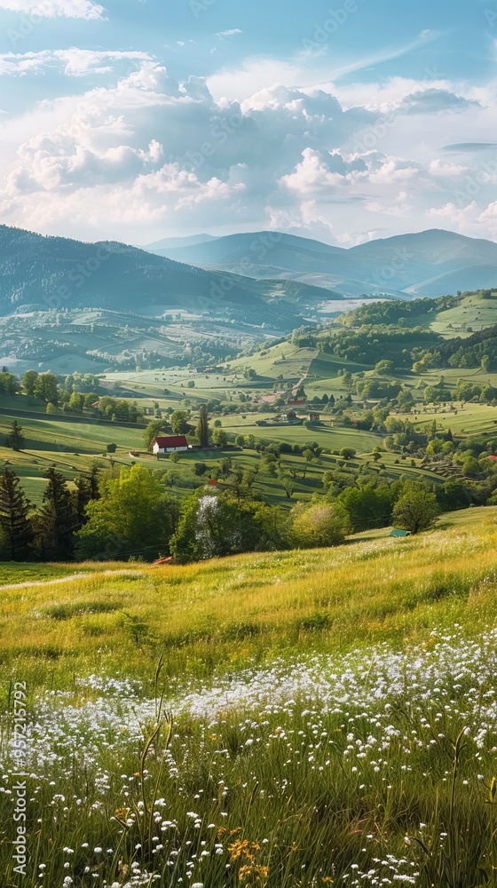 Poster a beautiful countryside scene with a red house in the middle of a field of grass