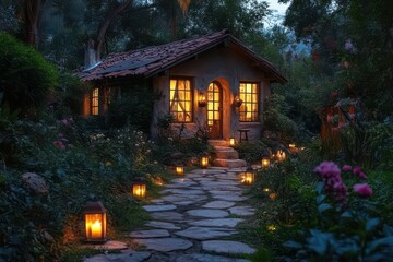 Charming Cottage with Lantern-Lit Garden Path at Dusk