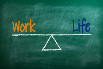 Conceptual handwritten white text chalk on black chalkboard. Work life balance abstract. Vector...