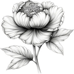 A black and white illustration of a single peony flower with detailed petals and leaves
