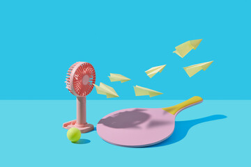 Handheld ventilator holding set of paper planes in air in blue studio