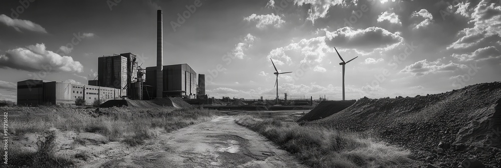 Aufkleber wind turbines stand tall against the backdrop of closed coal mines and old factories, marking the sh