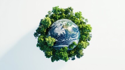 A detailed 3D Earth with lush green tones, encircled by trees of various sizes, set against a crisp white background, high-definition quality