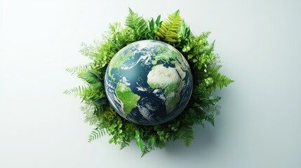 A detailed 3D rendering of Earth in green and blue, surrounded by diverse greenery, on a simple white background, ultra-clear HD quality