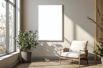 Poster Frame in Beige minimalist living room interior created with generative AI