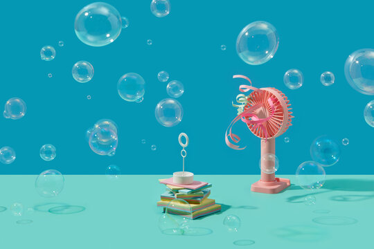 Foamy bubbles flying in studio with pink fan and wand on stickers