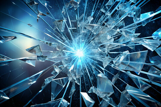 A shattered glass window with a bright light shining through it. The light is creating a beautiful and mesmerizing effect, but it also represents the fragility of the glass