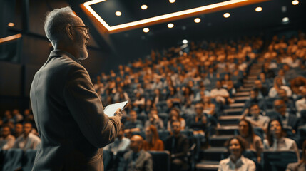 CEO addressing the company - A charismatic CEO standing in front of a large group of employees in a modern auditorium, delivering a speech with a confident expression.